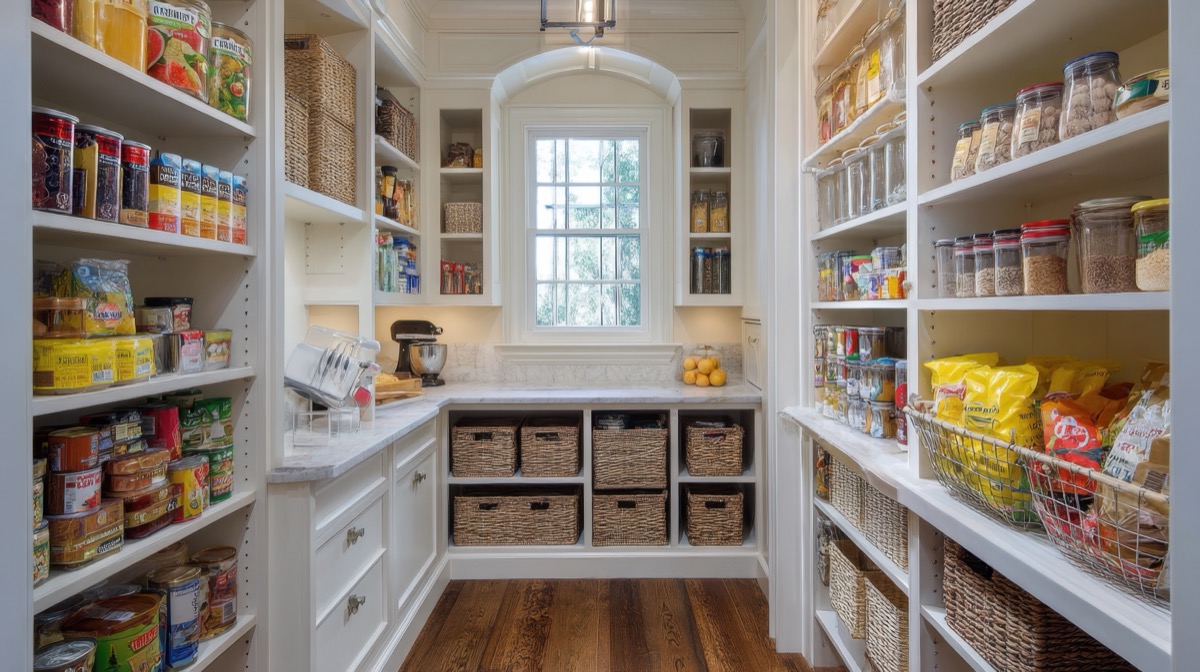 Beautifully organized walk-in pantry with labeled shelves and baskets — pantry organization service